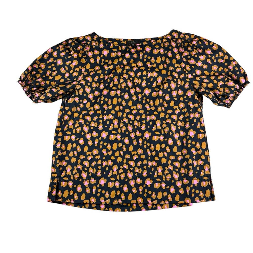 J.Crew Women's Marlene‎ Leopard Poplin Top Puff Sleeve Navy/Pink/Brown Size XS